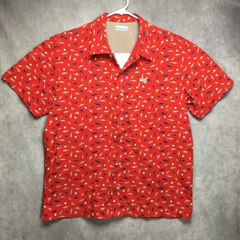 Columbia Mens PFG Shirt size Large Red USA Fish Graphic Short Sleeve Button Up